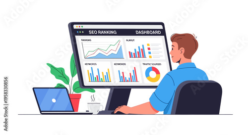 Man analyzing data on computer screen dashboard.