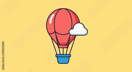 Red hot air balloon with cloud, flat design, yellow background