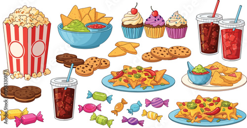 Vibrant Movie Night and Party Snack Vector Collection Featuring Popcorn Nachos Cupcakes Cookies Candies and Soda in Modern Cartoon Style