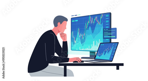 Man Analyzing Financial Data on Multiple Computer Screens.