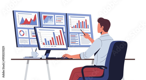 Man analyzing financial data on multiple computer screens.