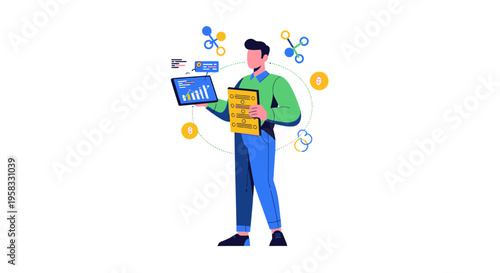 Man Analyzing Financial Data with Laptop and Clipboard.