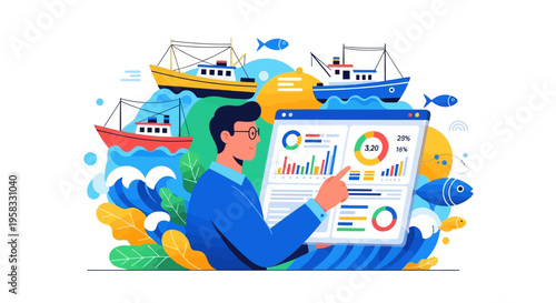 Man analyzing financial data with boats in background.
