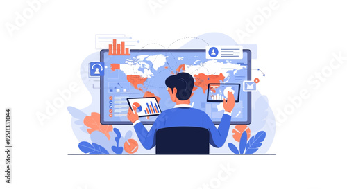 Man analyzing global data on large screen with charts.