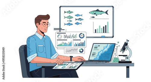 Man Analyzing Fish Data and Scientific Research at Desk.