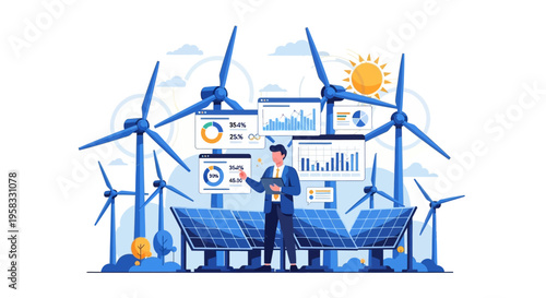 Man analyzing renewable energy data with wind turbines and solar panels.
