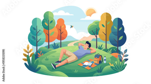 Man and child relaxing in a sunny park landscape.