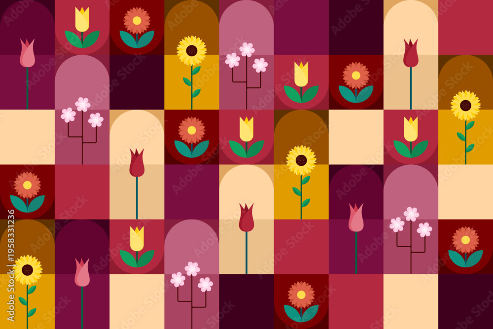 Fototapeta premium Spring bauhaus pattern. Colorful spring flowers seamless pattern with floral, tropical, botanical for background, backdrop, fabrics, textiles, fiber, wallpaper and print in vector spring style.