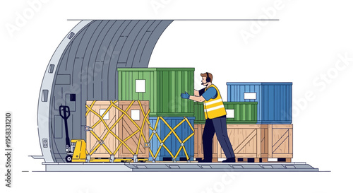 Logistics worker loading cargo into airplane hold.