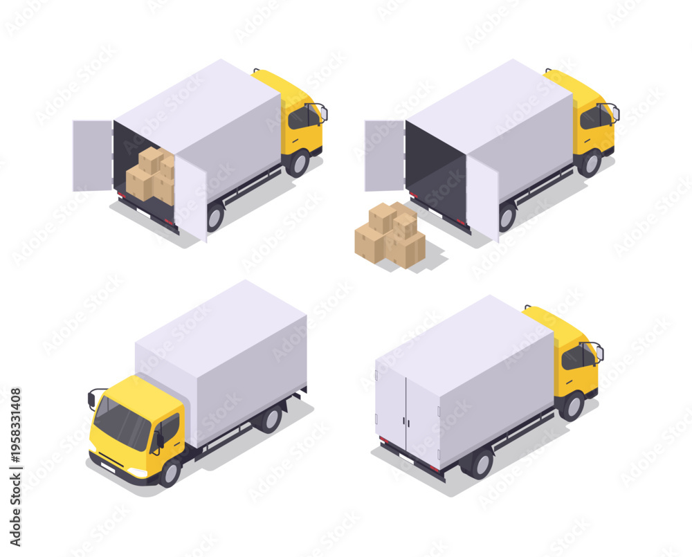 Obraz premium Box truck in isometric view isolated. A set of an empty van and a van loaded with boxes. Vector illustration.