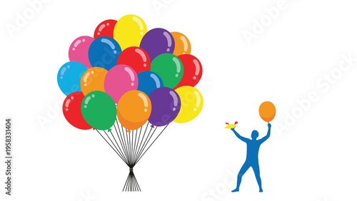 Silhouette of a person holding a massive bunch of colorful balloons and one single orange balloon aloft.