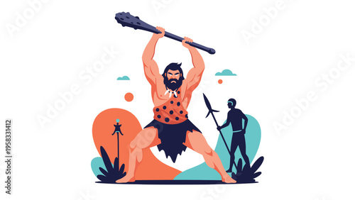 Mighty caveman figure holding a heavy wooden club above his head in a primitive prehistoric landscape.