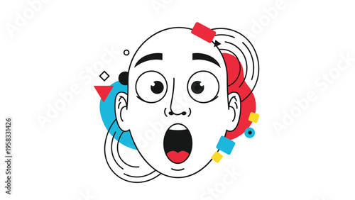 Stylized illustration of a surprised human face with wide eyes and open mouth surrounded by colorful geometric design elements.