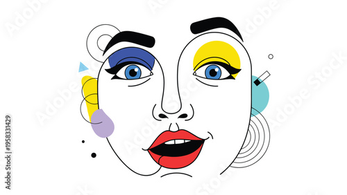 Artistic line drawing of a woman's face with bright makeup and decorative geometric shapes isolated on a white background.
