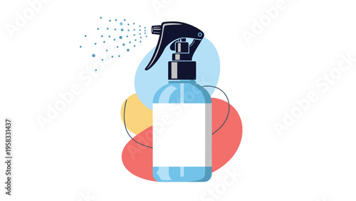 Transparent blue spray bottle with a black trigger nozzle releasing a fine mist against a colorful abstract background.