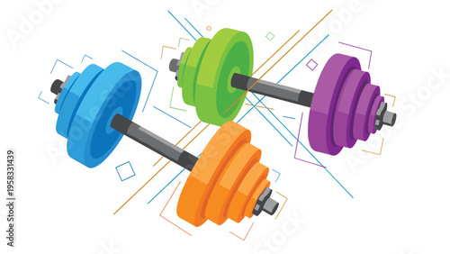 Set of three colorful dumbbells in blue, green, and orange with decorative geometric line art elements on a white background.