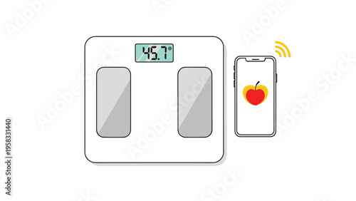 Digital bathroom scale connected to a smartphone app showing health and weight data with a heart icon on a white background.