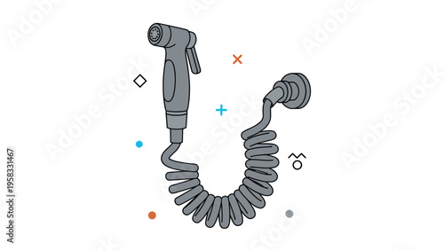 Hand-held bidet sprayer tool with a long coiled grey hose and abstract graphic symbols isolated on a plain white background.