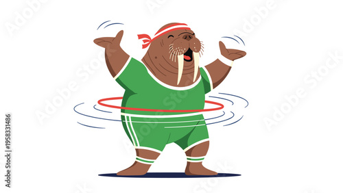 Active walrus character wearing green sports clothes and a red headband exercising with a hula hoop on a white background.