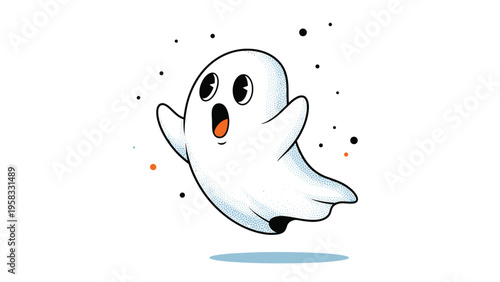 Surprise white ghost character with wide eyes and an open mouth floating among small black and orange specks on white background.