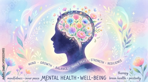 Silhouette of meditating person with flowers mental health and wellness concept