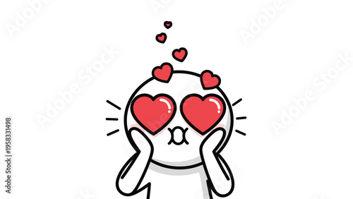 Cute round cartoon character with heart-shaped eyes and a kissing mouth expressing love with small hearts on white background.