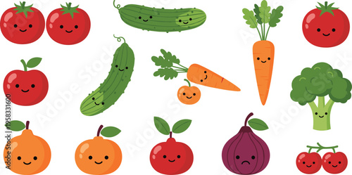 Kawaii Fruit and Vegetable Vector Set Featuring Cute Tomato Carrot Broccoli and Cucumber Characters in Minimalist Hand Drawn Style for Healthy Eating