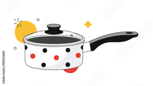 Modern cooking pot with a glass lid and black polka dots over yellow and red abstract shapes on a white background.