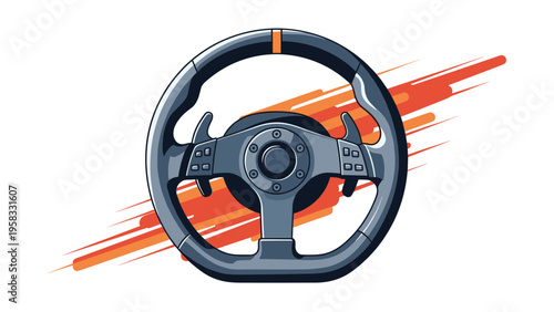 Racing car steering wheel with paddle shifters over an abstract orange and red background to show speed and motion.