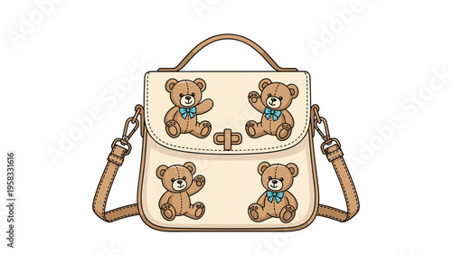Beige handbag decorated with four cute teddy bear patches and a top handle on a plain white background for fashion.