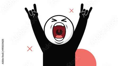 Expressive stick figure character with a large round head and black shirt making rock and roll hand gestures.