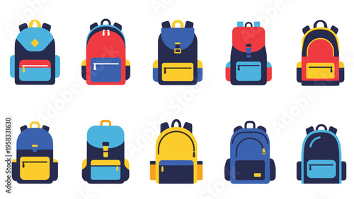 Set of ten colorful school backpacks in various designs and color combinations isolated on a white background.