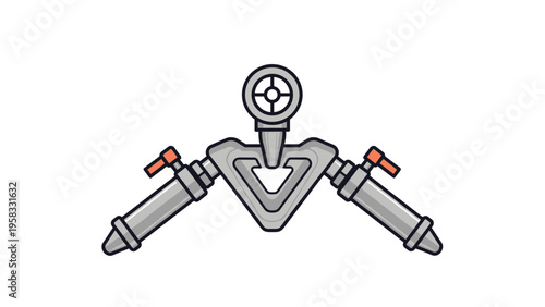 Industrial pipe valve assembly with two pressure gauges and orange handles on a clean white background for design.