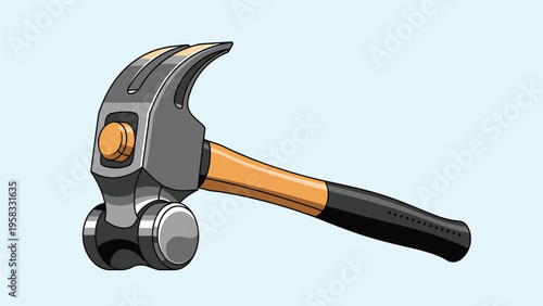 Steel claw hammer with a wooden handle and black rubber grip isolated on a light blue background for tool design.