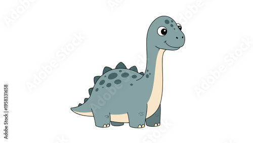 Friendly cartoon brachiosaurus dinosaur with spots and a long neck standing on a plain white background for kids.