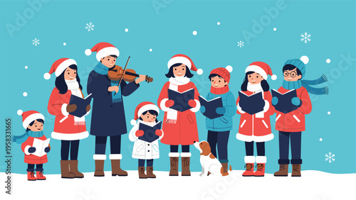 Group of people of various ages wearing festive hats and scarves singing Christmas carols in a snowy winter scene.