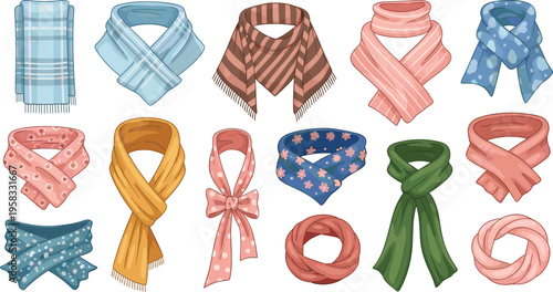 Winter Scarf Vector Collection Featuring Plaid Floral and Polka Dot Patterned Scarves in Minimalist Hand Drawn Style for Seasonal Fashion