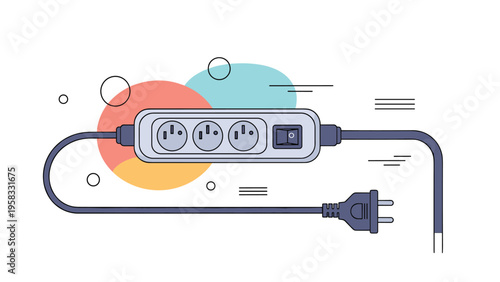 Electric power strip with three outlets and a power switch on a background with colorful abstract circular shapes.