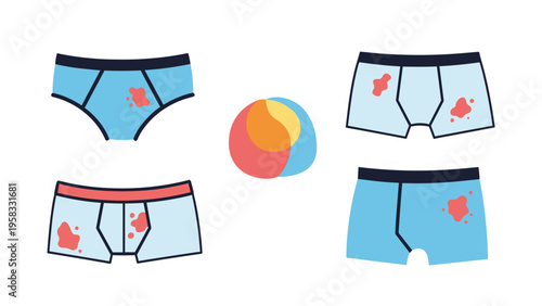 Collection of four pairs of men's underwear with red stains arranged around a colorful central circle on white.