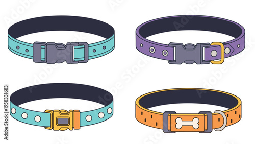 Four different designs of dog collars in various colors and styles with different buckles on a white background.