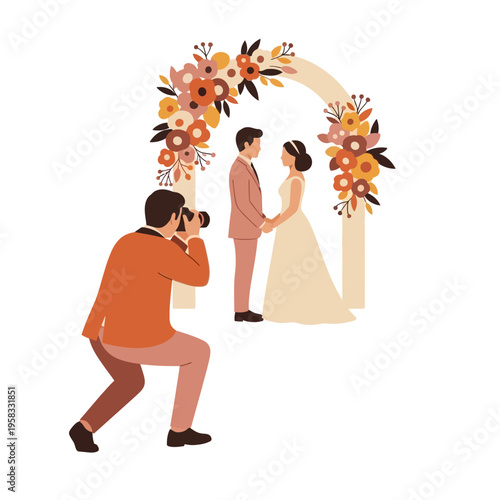 Wedding Couple Posing for Photographer Under Floral Arch