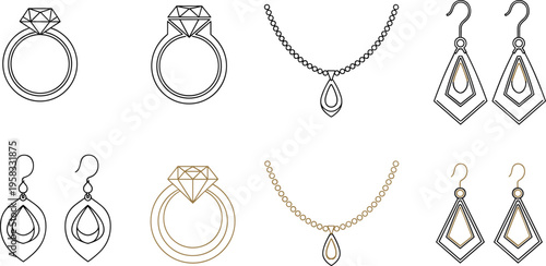 Luxury Jewelry Vector Icon Set Featuring Diamond Rings Necklaces and Earrings in Minimalist Geometric Outline Style for Fashion and Wedding Branding