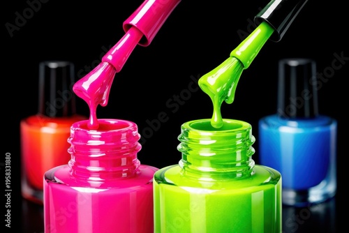 Vibrant neon nail polish bottles with dripping brushes on a dark background