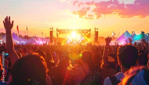 Vibrant outdoor music festival crowd silhouetted against a golden sunset with a brightly lit stage