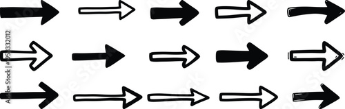 Horizontal Arrow Set Featuring Multiple Designs Solid Hollow and Line Variations Black Clipart