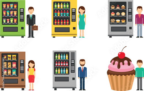Flat vector illustration collection of various people standing next to colorful vending machines with snacks and drinks plus a giant cupcake isolated on white background.