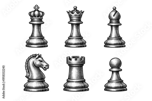 Vintage engraved chess pieces collection in black and white strategy game illustration style
