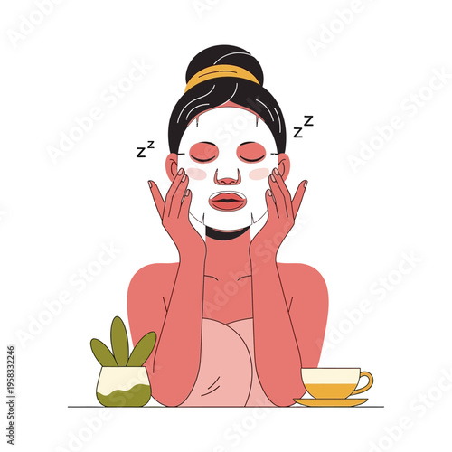 Relaxing Woman Applies a Face Sheet Mask During Her Spa Routine