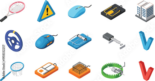 Isometric trap and hazard icons set with mousetrap, mouse, warning sign, building, tools and symbols vector illustration isolated on white background for design use
