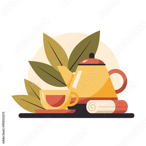 Tea Set Illustration with Teapot Teacup and Green Leaves Flat Design